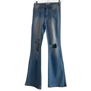 Vibe & Rant Flare Jeans Size 5 – Light Wash Distressed Denim with Hem Slits